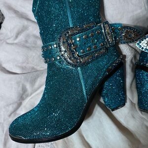 Discontinued teal Dolls Kill rhinestone boots.